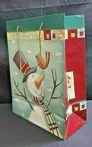 Sparkly Snowman Christmas Holiday Gift Bag Gold Rope Handles 13-1/2" T x 10" W