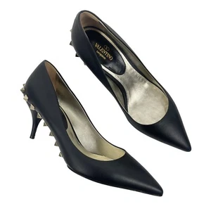 Valentino Garavani Jaw Rockstuds Pointed Toe Pumps Leather Black Women Size 37 - Picture 1 of 12