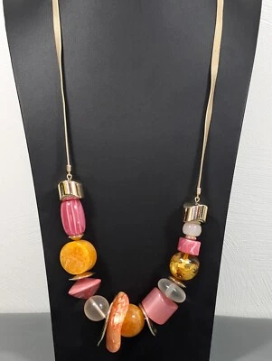 Boho Western Orange Pink Bold Chunky Bead Adjustable Faux Leather Necklace 38 in - Image 1 of 4