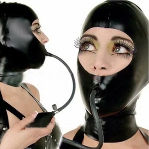Latex Rubber Mask w/ Mouth Cuffs Inflatable Hood BDSM Fetish Party Cosplay - Picture 1 of 6