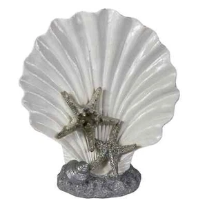 Seashell Art Display Shelf 10" Ceramic White Silver Starfish Embellished Ocean - Picture 1 of 10