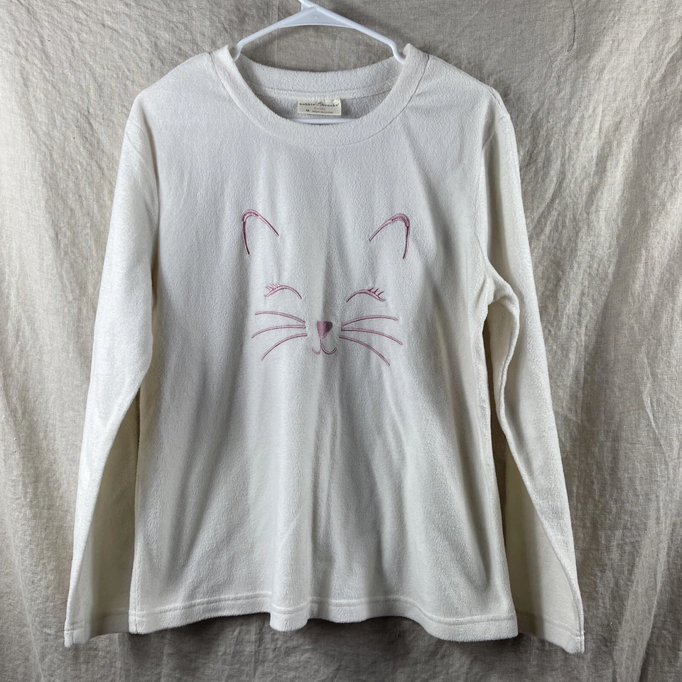 Bobbie & Brooks Women's Ivory Fleece Embroidered Cat Crewneck Pullover Size M - Image 1 of 4