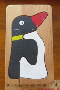 Vintage HEAVY WOOD BLOCK PENGUIN PUZZLE - 4 PIECES INCLUDING BLOCK  Play/Learn - Picture 1 of 2