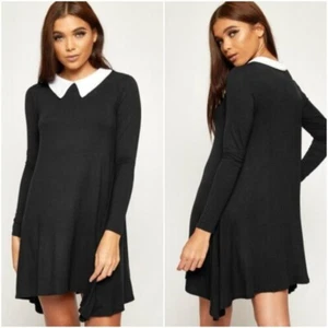 Ladies Womens  Peter Pan Collar Long Sleeve Flared Swing Dress Top Plus Size  - Picture 1 of 5