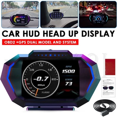 OBD2+GPS HUD Gauge Head Up Car Digital Display Speedometer Turbo RPM Alarm Temp- - image 1 of 4