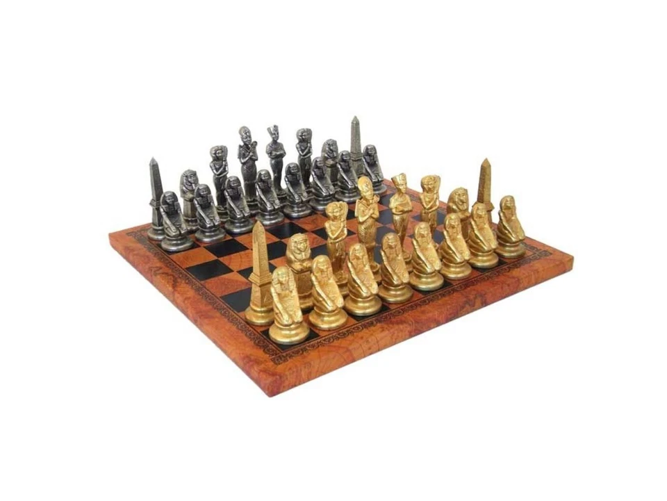 Italfama Egyptian Metal Chess Set Gold/Silver Plated Faux Leather Board
