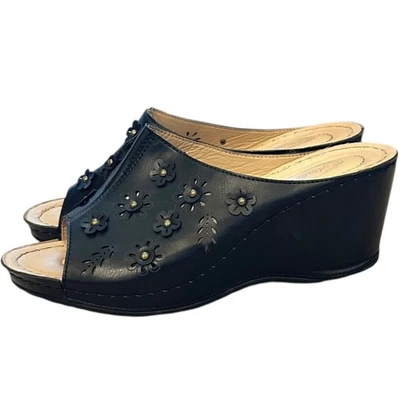 Atalina Black Leather Floral Appliqué Platform Wedge Sandals Boho Mod Cottage - Image 1 of 4