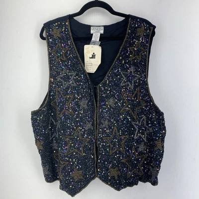 Colete Vintage Anos 90 Feminino Extra Grande (A8) Lantejoulas Frisado Estrelas Festa de Férias Boho Funky - Imagem 1 de 4
