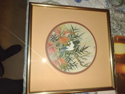 Pair Of Trans Designs Asian Bird Prints. Gold Frames. - Image 1 of 4