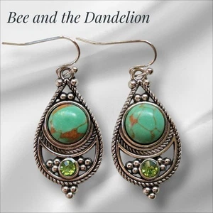 Ohrringe Türkisimitat mit grünem Kristall silberfarben ~ Jugendstil - Bild 1 von 7