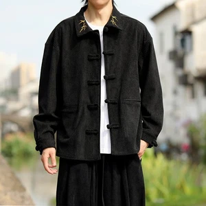 Men Corduroy Long Sleeve Shirt Outdoor Casual Chinese Jacket Frog Button Classic - Picture 1 of 8