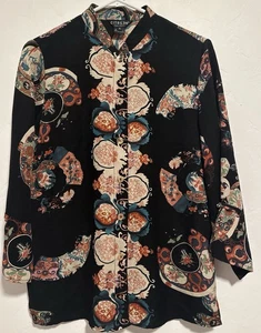 Camisa túnica negra con botones delanteros de seda citrón estampado asiático cuello mandarín talla mediana - Imagen 1 de 6