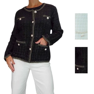 Women's Soft Stretch Gold Fleck Textured Knit Crop Jacket Pearl Buttons 10-18 - Picture 1 of 22