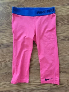 Nike Pro Girls Dri-FIT Cropped Capri Leggings Pink Blue Waistband Size Small - Picture 1 of 4