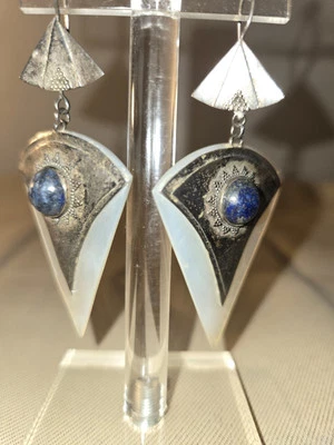 Mother of Pearl Triangle Earrings MOP Lapis 925 Tribal Iridescent Shell Mermaid  - Image 1 of 4