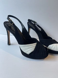 YSL Yves Saint Laurent Black & White Suede Sling Back Stiletto Heels Size 38 EUC - Picture 1 of 14