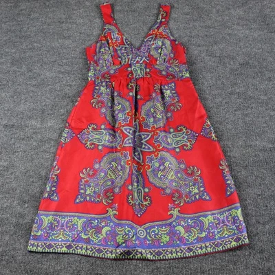 Vestido Tibi 4 Rojo Seda Cachemira Sin Mangas Cuello en V Ajuste y Acampanado Boho Midi Foto 1 de 4