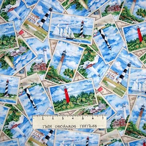 Nautical Fabric - Lighthouse Collage Toss Cream - Elizabeth's Studio 23" - Picture 1 of 1