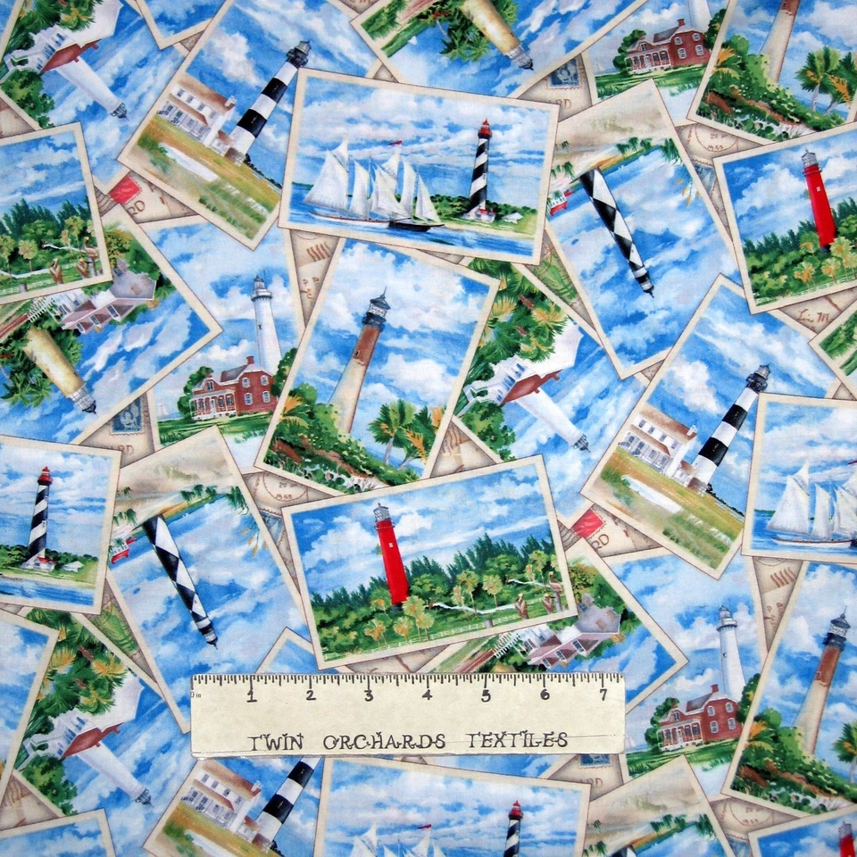 Nautical Fabric - Lighthouse Collage Toss Cream - Elizabeth's Studio 23" - Image 1 of 1