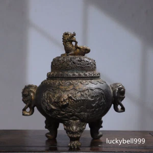 8.3" Old Antique Qing dynasty Bronze lion elephant ear Three foot Incense Burner - Picture 1 of 9