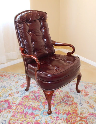 Vintage Queen Anne Style Oxblood Tufted Faux Leather Upholstered Armchair Cover