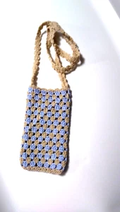 CELL PHONE CASE CROSSBODY BAG HAND-CROCHETED NEW HOLDER ECRU AND BLUE 7"X4" - Photo 1 sur 1