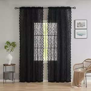 Black Floral Curtains 108 Inches Long 2 Panels Set Elegant Boho Lace Semi Sheer - Picture 1 of 12