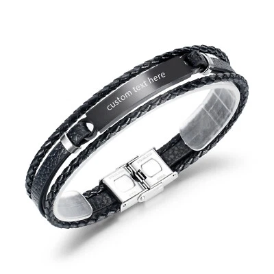 Men's Multi-layer Braided Leather Stainless Steel Buckle Bracelet Free Engraving - Image 1 of 3
