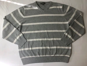Merona Mens Large Striped Sweater Gray White V Neck Cotton Long Sleeve - Picture 1 of 7