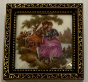 Vintage Limoges  Miniature Picture On Porcelain In Brass Frame lovers picnic - Picture 1 of 5