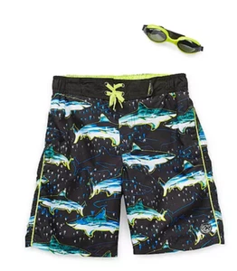 Big Boys ZeroXposur Board Shorts Swim Trunks L 14/16 Blk/Sharks w/ Goggles NWT - Picture 1 of 1