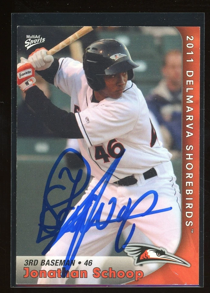 2011 Delmarva Shorebirds JONATHAN SCHOOP Signed Card autograph auto ORIOLES - Image 1 of 1