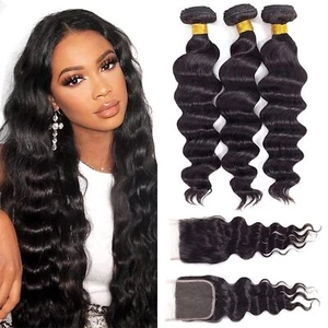 Loose Wave Human Hair Bundles with 4x4 Lace Closure Remy Virgin Hair Extensions - Picture 1 of 17