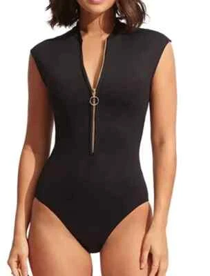 Traje de baño Seafolly X1107 Collective con cremallera frontal de una pieza negro para mujer talla US 10 Foto 1 de 3
