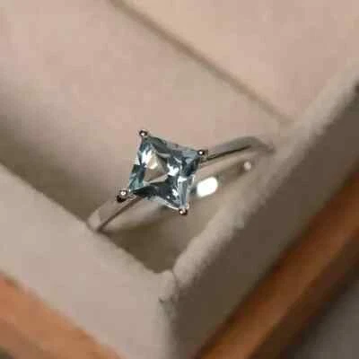 1.50 Ct Princess Cut Natural Aquamarine Engagement Ring 14K Solid White Gold - Image 1 of 4
