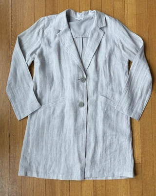 J Jill Chaqueta Plumero Larga Gris Blanco Rayas 100% Lino Bolsillos Mujer Mediana Foto 1 de 4