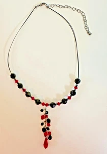 Sterling Silver Wire Necklace Red Grey Glass Bead Faceted Y Drop 12-18 in - Picture 1 of 9