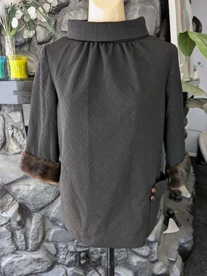 Vtg 50s 60 Berni-Ann Poly Knit Top Fur Trim Stand-up Collar Asymmetrical Opening - Image 1 of 4