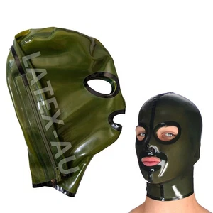 Dark Green Latex Hood with Back zipper Cosplay Rubber Mask Party Fetish 0.4mm - Picture 1 of 3
