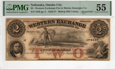 Nebraska - Western Exchange 1857 $2 - PMG About Uncirculated 55 - Image 1 of 2