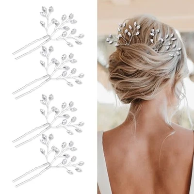 4 Pieces Crystal Bridal Hair Pins, Rhinestones Hair Clips for Women, Silver  - Image 1 of 4