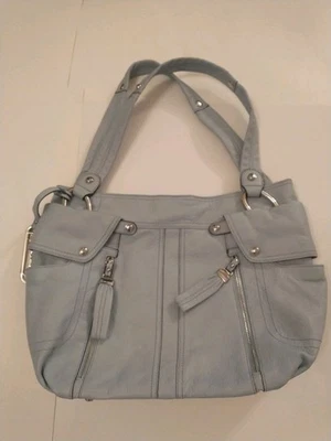 Bolso de Hombro de Cuero Cartera B. Makowsky Bolsillos Grande Bebé Azul Plata Logo  Foto 1 de 4