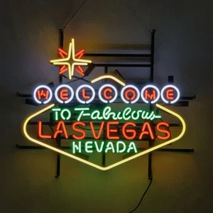 New Welcome to Fabulous Las Vegas Neon Sign Light Handmade Glass Artwork 24"x20" - Picture 1 of 19