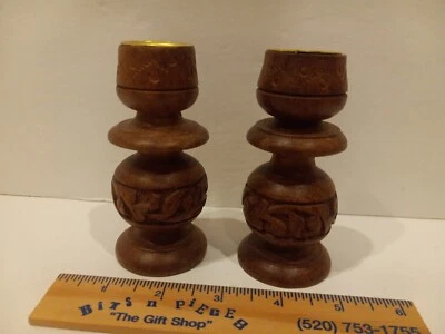 Wooden Carved Floral Candle Stick Holders Set Of 2 India - Image 1 of 4