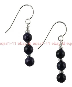 Charming 8mm Sparkly Blue Goldstone Round Gemstone Beads Hook Earrings - Picture 1 of 12