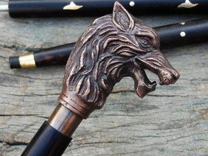 Handmade Walking Stick Wolf Head Antique Brass Handle Wooden Cane Vintage Decor - Picture 1 of 5