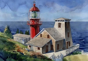Pointe-à-la-Renommée Lighthouse, Gaspé, Quebec, Canada. Watercolor Notecards - Bild 1 von 2