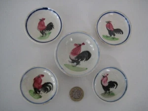 VINTAGE SET 5 TINY DISH BOWL APPETIZER TAPAS DIP OIL VINEGAR COCKEREL ROOSTER - Picture 1 of 9