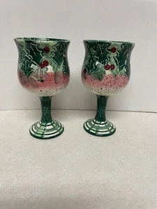 Enesco Julie Ueland 1999 HOLLY BERRY Water/Wine Goblets - Set of 2 Christmas - Picture 1 of 7