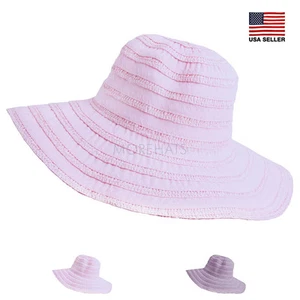 Stripe Cotton Summer Packable Wide Large Brim Beach Floppy Sun Hat Casual Womens - Picture 1 of 5